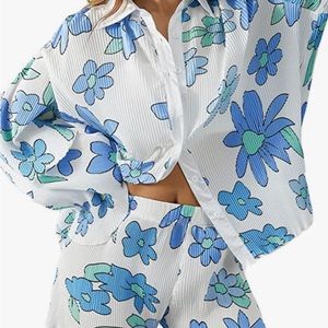 Floral Blue Two Piece Set with Button Down Top and Shorts